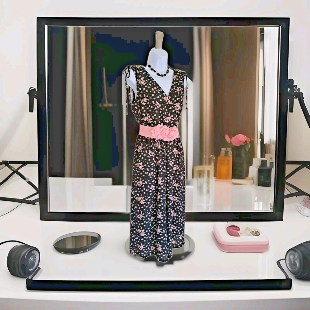 As U Wish Jumpsuit M Black Floral Cropped Shoulder Ties Elastic Waist with Belt‎